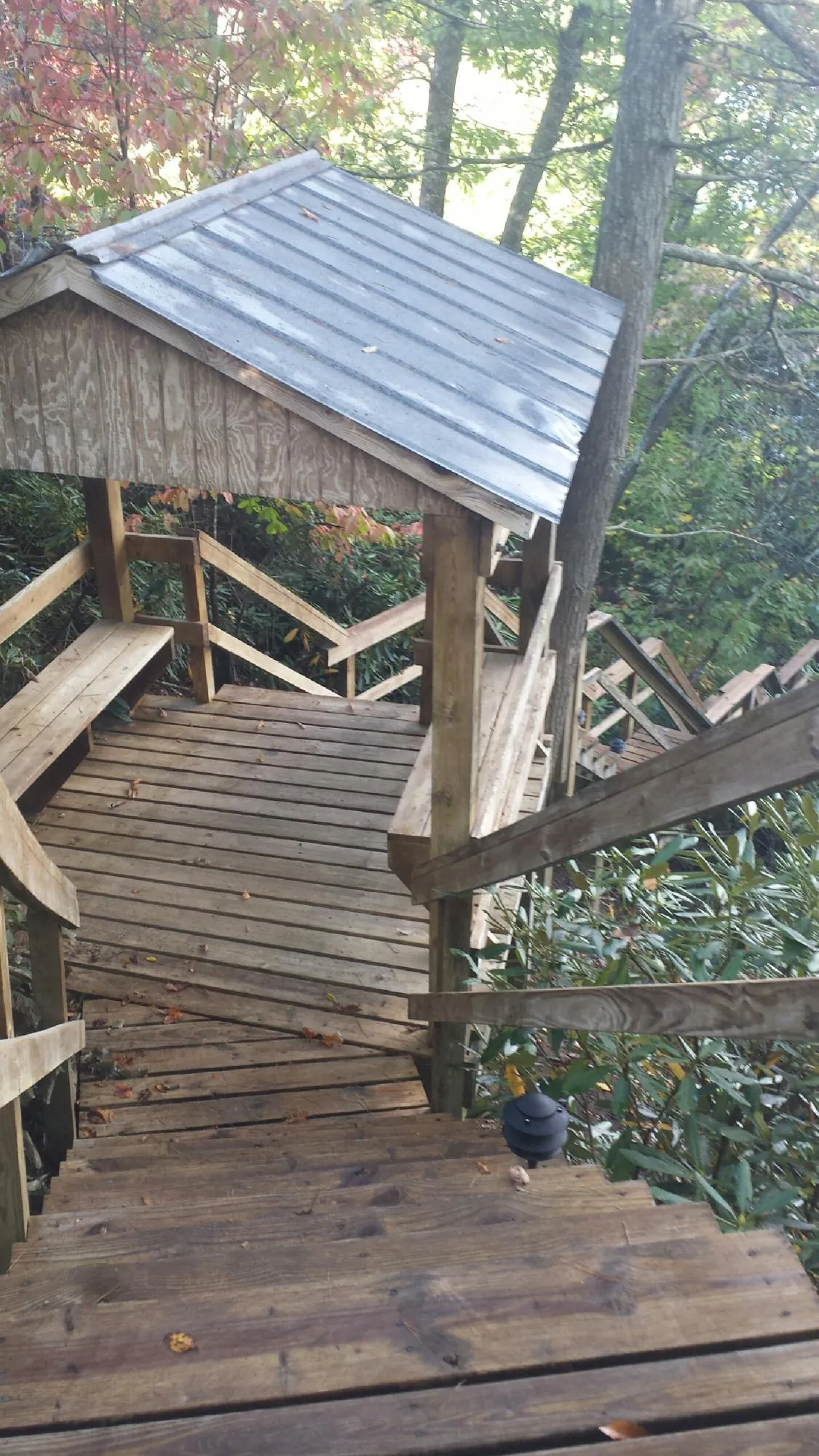 Metal roofed shelter over wooden steps on a wooded walkway — Skylight Repair & Installation work by our crew in Central